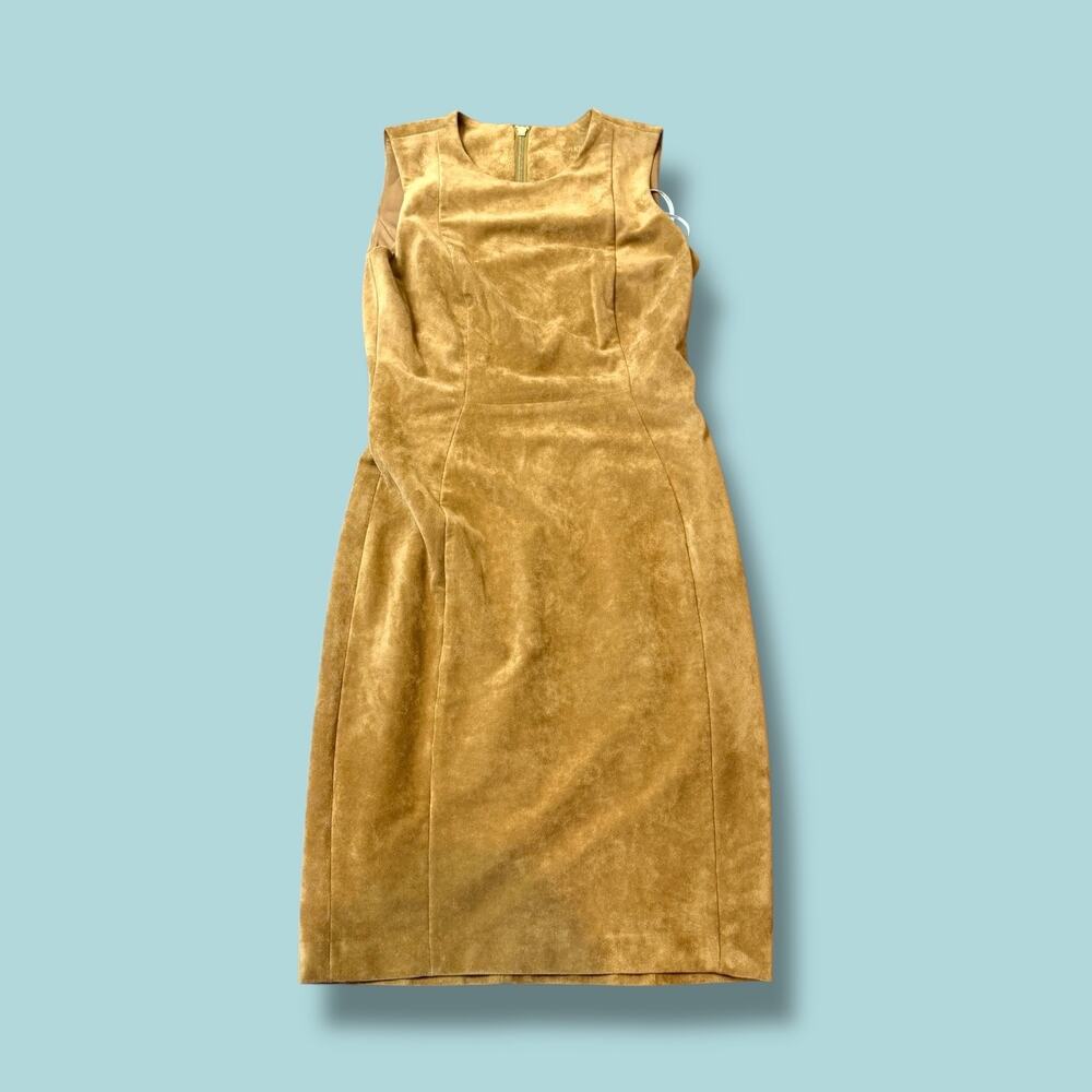 Calvin Klein Faux Suede Zip Front Sheath Dress Size 2-4 Tan Camel Minimalist Y2K